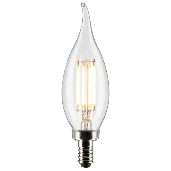 Satco's 3-watt clear, LED chandelier bulb with a candelabra base is dimmable and offers warm white light and a 300 degree beam spread. The carded 2-pack is suitable for retail display. Elegant and long-lasting, this clear bulb delivers 15,000 hours of exceptional illumination. - alternate view