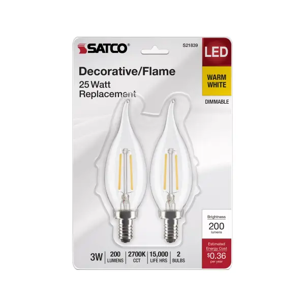 3 Watt CA10 LED Filament - Clear - Candelabra Base - 2700K - 200 Lumens - 120 Volt - 2-Pack - Image 4
