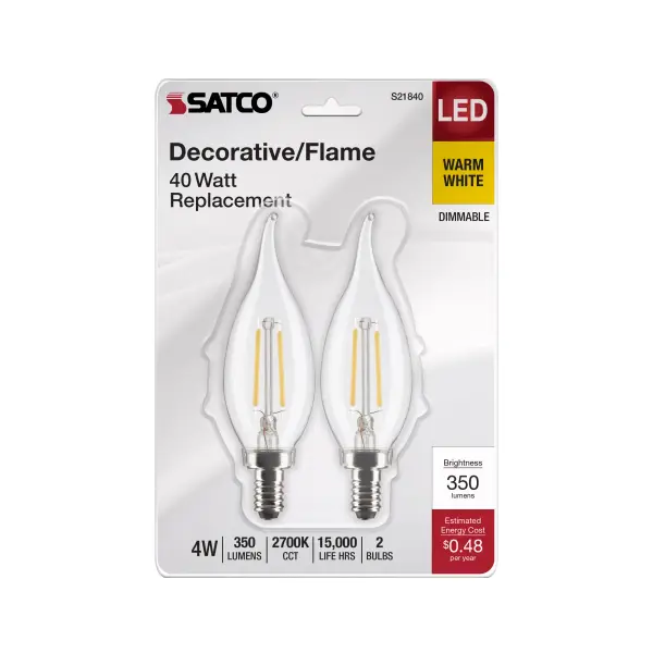 4 Watt CA10 LED Filament - Clear - Candelabra Base - 2700K - 350 Lumens - 120 Volt - 2-Pack - Image 4