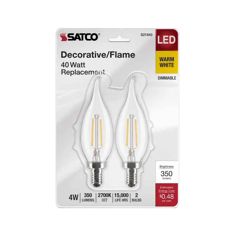 4 Watt CA10 LED Filament - Clear - Candelabra Base - 2700K - 350 Lumens - 120 Volt - 2-Pack - Image 4