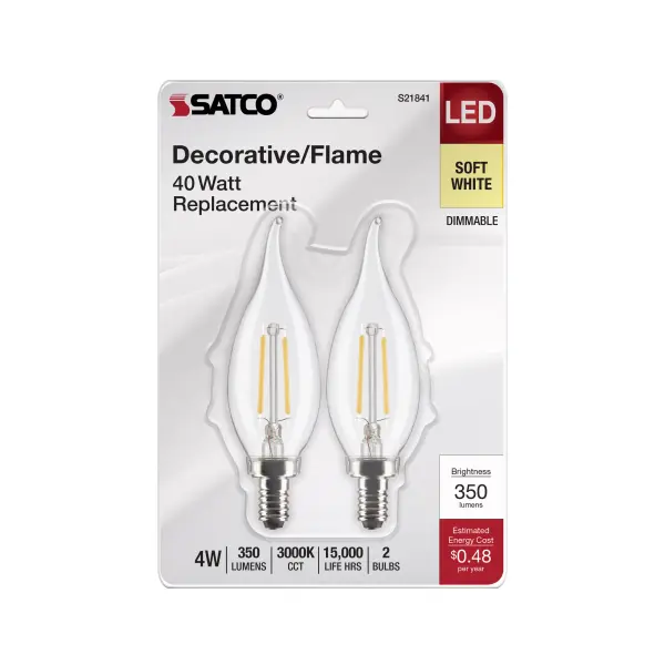 4 Watt CA10 LED Filament - Clear - Candelabra Base - 3000K - 350 Lumens - 120 Volt - 2-Pack - Image 4