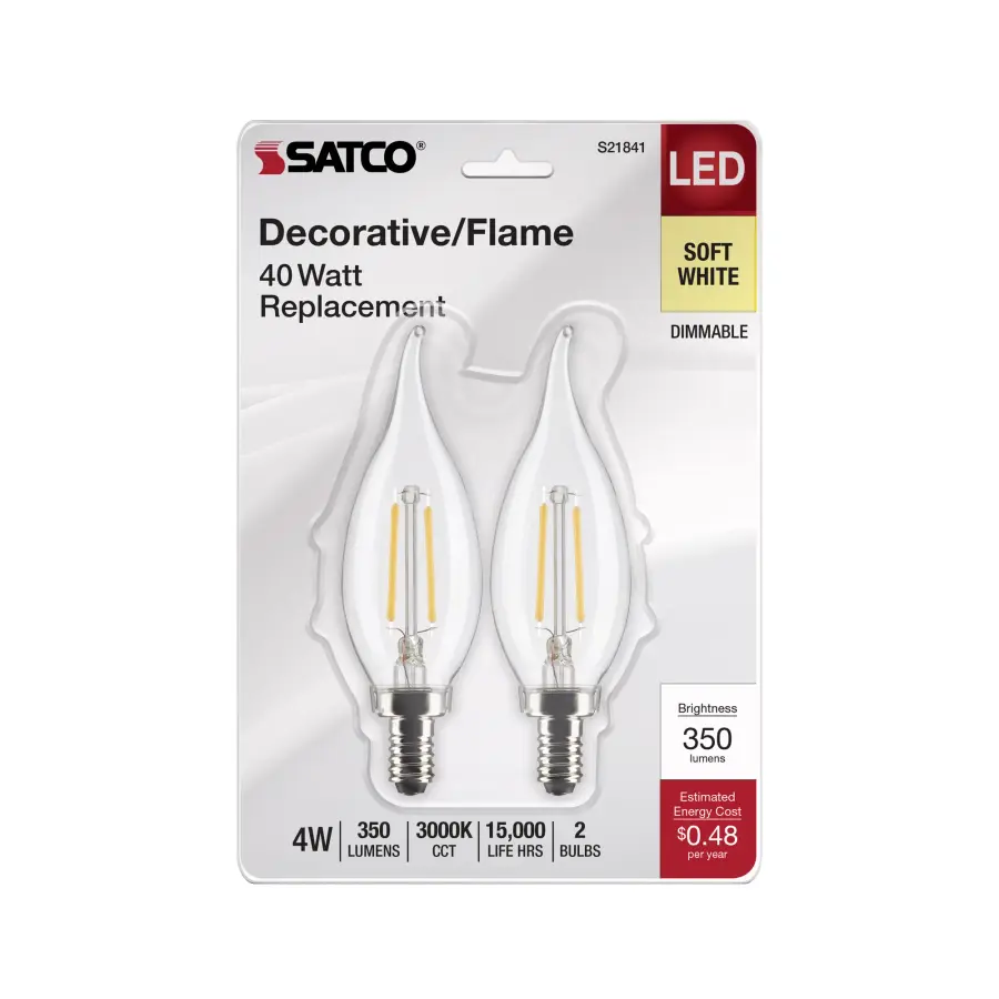 4 Watt CA10 LED Filament - Clear - Candelabra Base - 3000K - 350 Lumens - 120 Volt - 2-Pack - Image 4