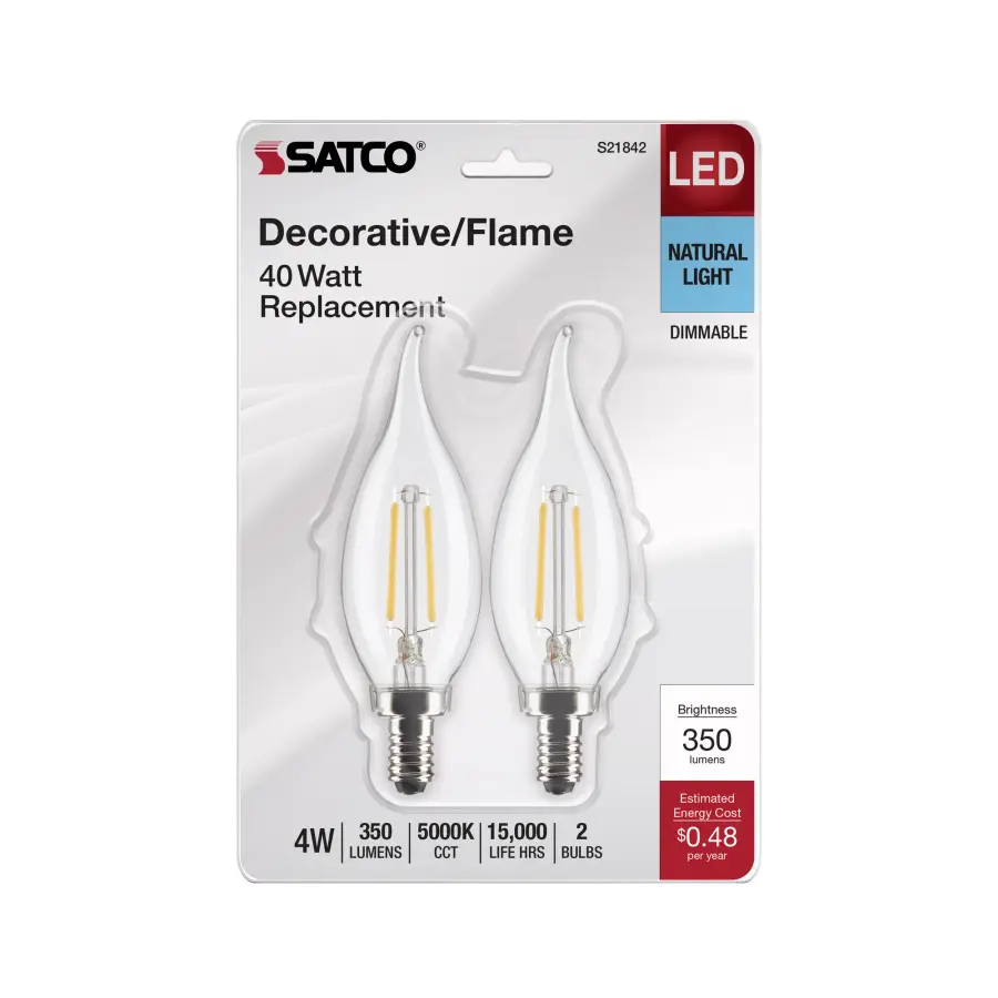 4 Watt CA10 LED Filament - Clear - Candelabra Base - 5000K - 350 Lumens - 120 Volt - 2-Pack - Image 4
