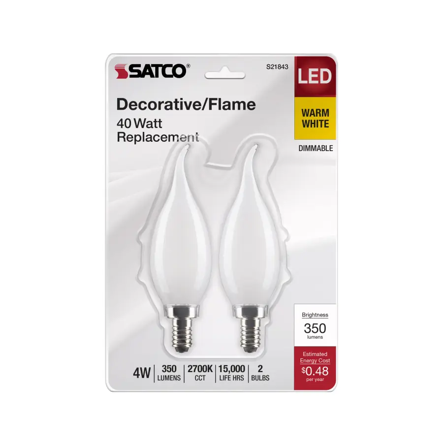 4 Watt CA10 LED Filament - Frosted - Candelabra Base - 2700K - 350 Lumens - 120 Volt - 2-Pack - Image 4