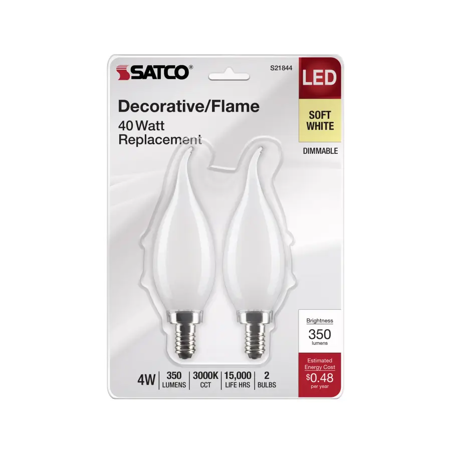 4 Watt CA10 LED Filament - Frosted - Candelabra Base - 3000K - 350 Lumens - 120 Volt - 2-Pack - Image 4