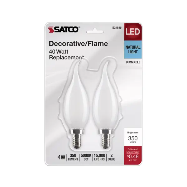 4 Watt CA10 LED Filament - Frosted - Candelabra Base - 5000K - 350 Lumens - 120 Volt - 2-Pack - Image 4
