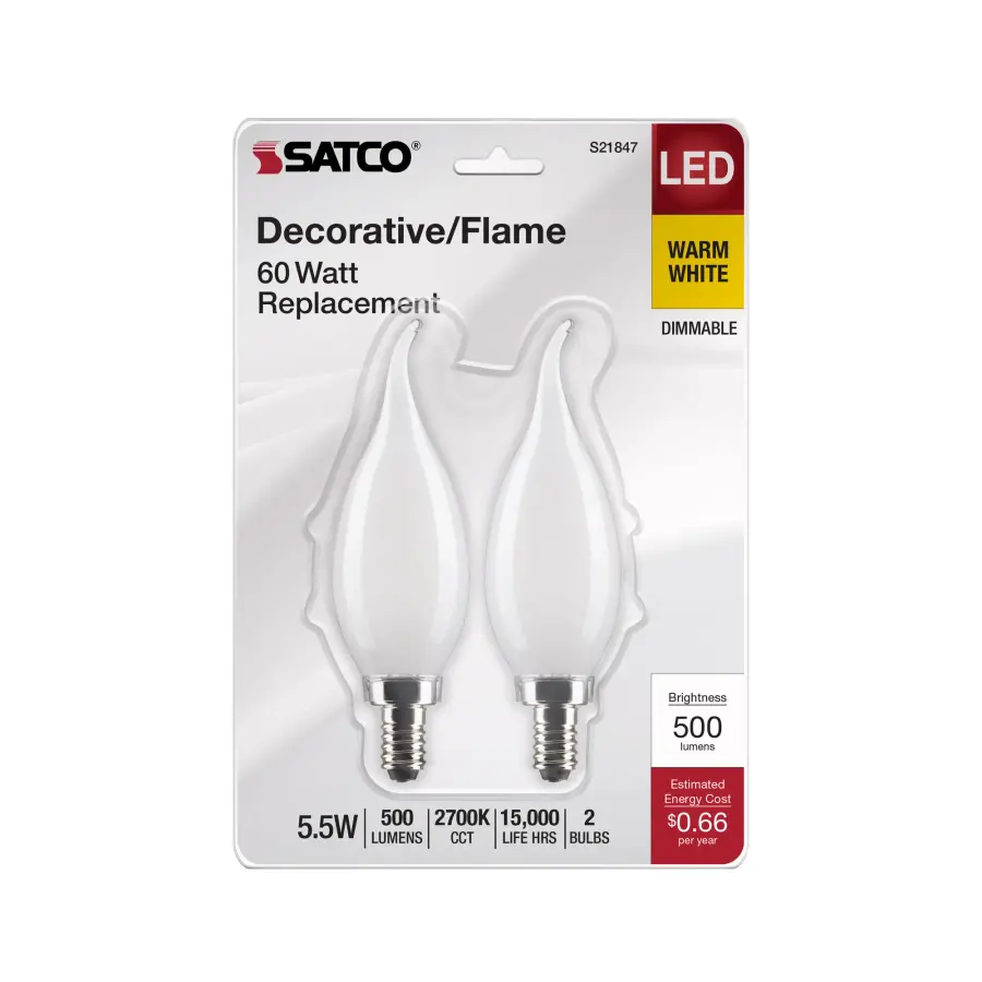 5.5 Watt CA10 LED Filament - Frosted - Candelabra Base - 2700K - 500 Lumens - 120 Volt - 2-Pack - Image 4