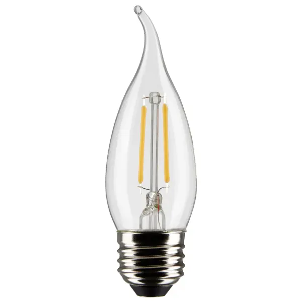 Satco's 3-watt clear, chandelier bulb with a medium base is dimmable and offers warm white light and a 300 degree beam spread. Wet rated for kitchens and bathrooms, the carded packaging is suitable for retail display. Elegant and long-lasting, this clear bulb delivers 15,000 hours of exceptional illumination.