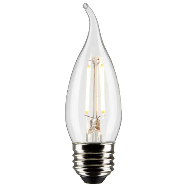 Satco's 3-watt clear, chandelier bulb with a medium base is dimmable and offers warm white light and a 300 degree beam spread. Wet rated for kitchens and bathrooms, the carded packaging is suitable for retail display. Elegant and long-lasting, this clear bulb delivers 15,000 hours of exceptional illumination. - alternate view