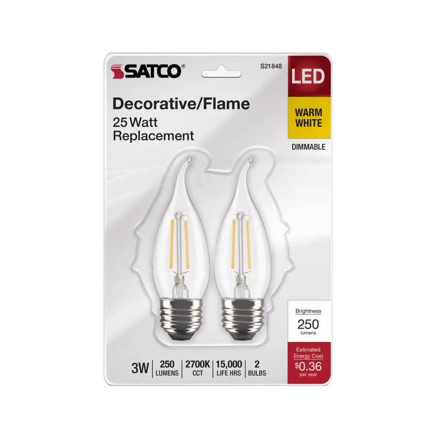 3 Watt CA10 LED Filament - Clear - Medium Base - 2700K - 250 Lumens - 120 Volt - 2-Pack - Image 4