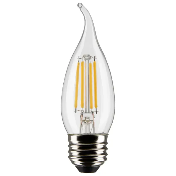 Satco's 4-watt clear, chandelier bulb with a medium base is dimmable and offers warm white light and a 300 degree beam spread. Wet rated for use in kitchens and bathrooms, the carded packaging is suitable for retail display. Elegant and long-lasting, this clear bulb delivers 15,000 hours of exceptional illumination.