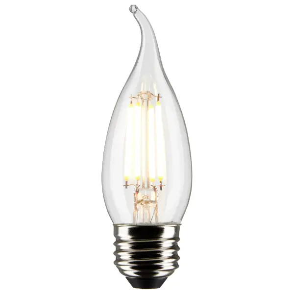 Satco's 4-watt clear, chandelier bulb with a medium base is dimmable and offers warm white light and a 300 degree beam spread. Wet rated for use in kitchens and bathrooms, the carded packaging is suitable for retail display. Elegant and long-lasting, this clear bulb delivers 15,000 hours of exceptional illumination. - alternate view