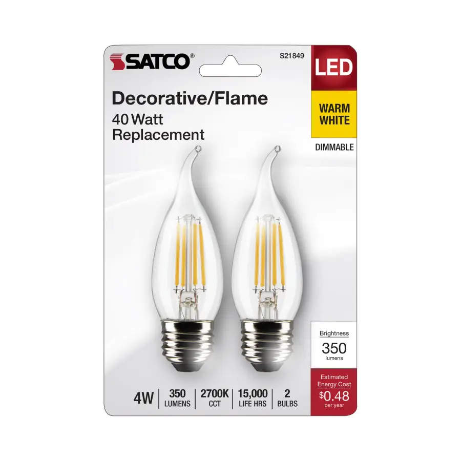 4 Watt CA10 LED Filament - Clear - Medium Base - 2700K - 350 Lumens - 120 Volt - 2-Pack - Image 4