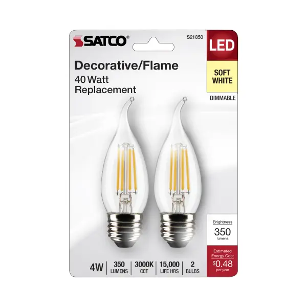 4 Watt CA10 LED Filament - Clear - Medium Base - 3000K - 350 Lumens - 120 Volt - 2-Pack - Image 4