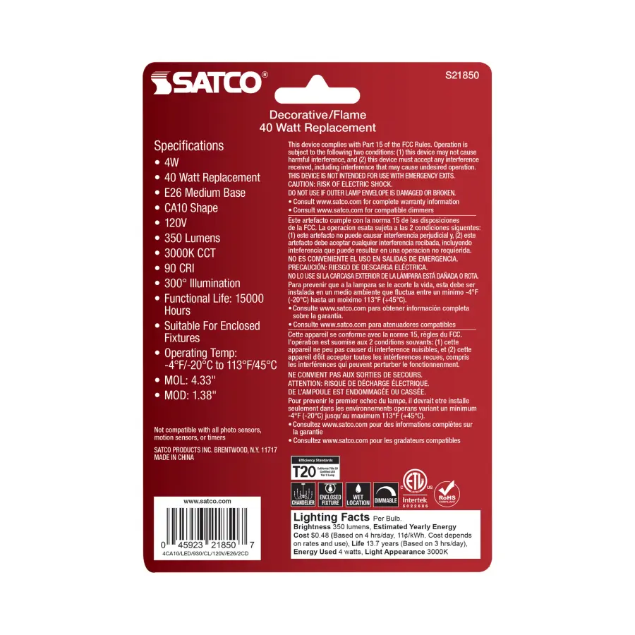 4 Watt CA10 LED Filament - Clear - Medium Base - 3000K - 350 Lumens - 120 Volt - 2-Pack - Image 5