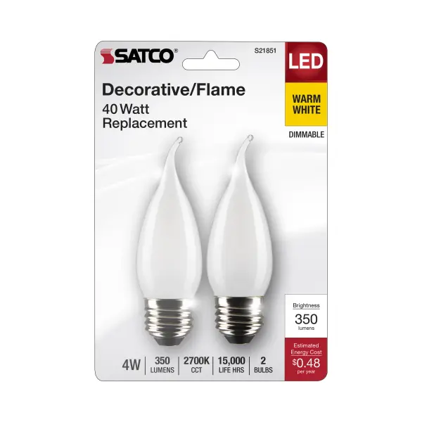 4 Watt CA10 LED Filament - Frosted - Medium Base - 2700K - 350 Lumens - 120 Volt - 2- Pack - Image 4