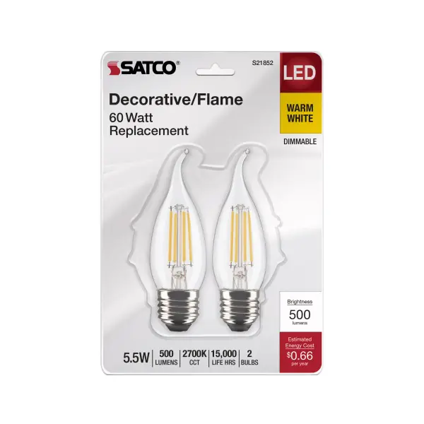 5.5 Watt CA10 LED Filament - Clear - Medium Base - 2700K - 500 Lumens - 120 Volt - 2-Card - Image 4