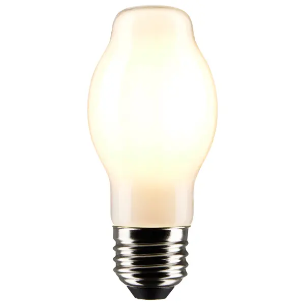 Satco's 5-watt white BT15 bulb with a medium base is dimmable and offers warm white light with a 320 degree beam spread. Wet rated for use in kitchens and bathrooms, the carded 2-pack is suitable for retail display. Elegant and long-lasting, this white bulb delivers 15,000 hours of exceptional illumination. - alternate view