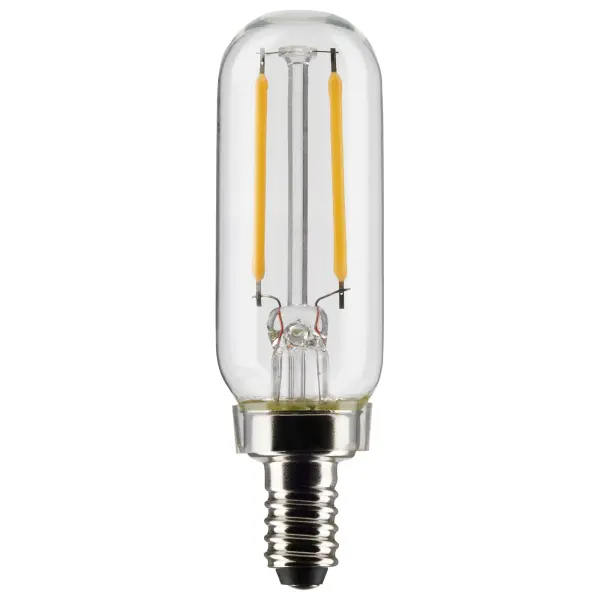 Satco's 2.8-watt, T6 bulb with a candelabra base is dimmable and offers warm white light with a 300 degree beam spread. Wet rated for use in kitchens and bathrooms, the carded 2-pack is suitable for retail display. Elegant and long-lasting, this clear bulb delivers 15,000 hours of exceptional illumination.