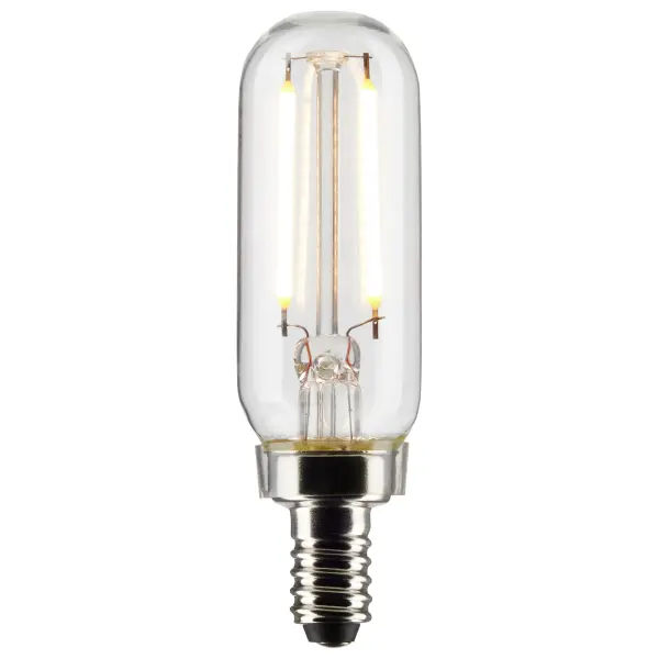 Satco's 2.8-watt, T6 bulb with a candelabra base is dimmable and offers warm white light with a 300 degree beam spread. Wet rated for use in kitchens and bathrooms, the carded 2-pack is suitable for retail display. Elegant and long-lasting, this clear bulb delivers 15,000 hours of exceptional illumination. - alternate view