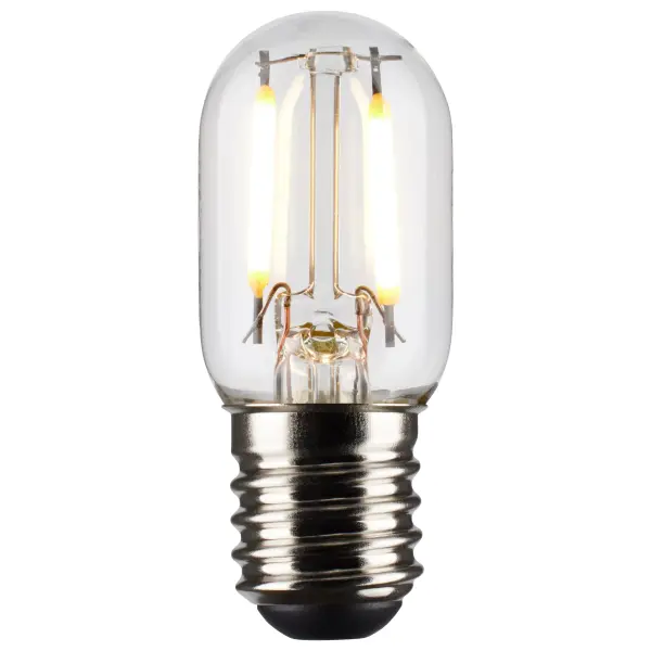 Satco's 3-watt, T6.5 bulb with an intermediate base is dimmable and offers warm white light with a 300 degree beam spread. Wet rated for use in kitchens and bathrooms, the carded 2-pack is suitable for retail display. Elegant and long-lasting, this clear bulb delivers 15,000 hours of exceptional illumination. - alternate view