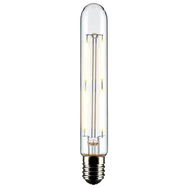 Satco's 4-watt, T6.5 bulb with an intermediate base is dimmable and offers soft white light with a 300 degree beam spread. Wet rated for use in kitchens and bathrooms, the carded packaging is suitable for retail display. Elegant and long-lasting, this clear bulb delivers 15,000 hours of exceptional illumination. - alternate view