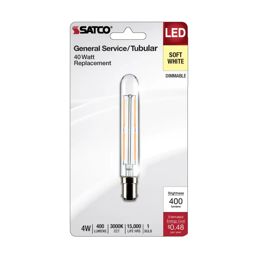 4 Watt T6.5 LED Filament - Clear - Bayonet Double Contact Base - 3000K - 400 Lumens - 120 Volt - Image 3