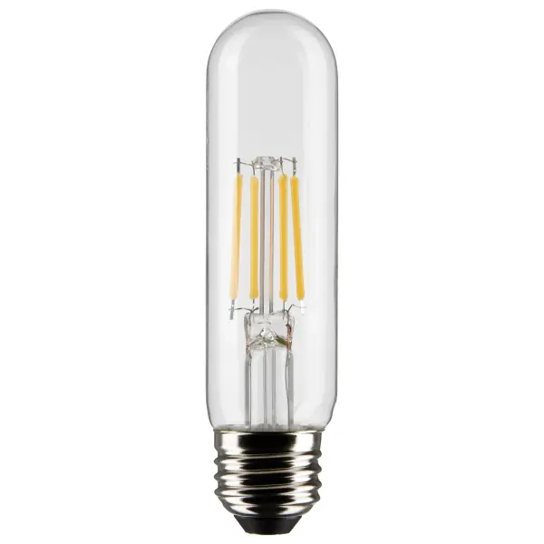 Satco's 5.5-watt, T10 bulb with a medium base is dimmable and offers warm white light with a 300 degree beam spread. Wet rated for use in kitchens and bathrooms, the carded 2-pack is suitable for retail display. Elegant and long-lasting, this clear bulb delivers 15,000 hours of exceptional illumination.