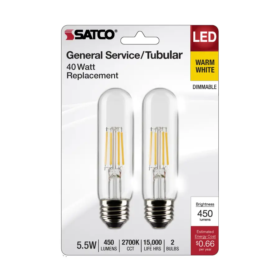 5.5 Watt T10 LED Filament - Clear - Medium Base - 2700K - 450 Lumens - 120 Volt - 2-Pack - Image 4