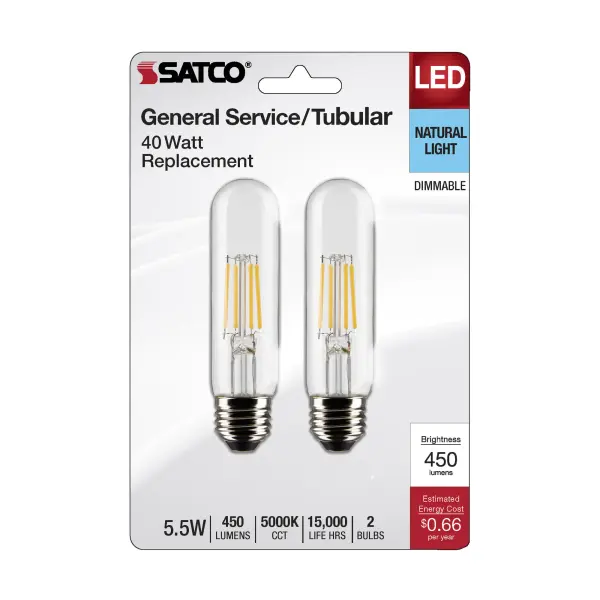 5.5 Watt T10 LED Filament - Clear - Medium Base - 5000K - 450 Lumens - 120 Volt - 2-Pack - Image 4