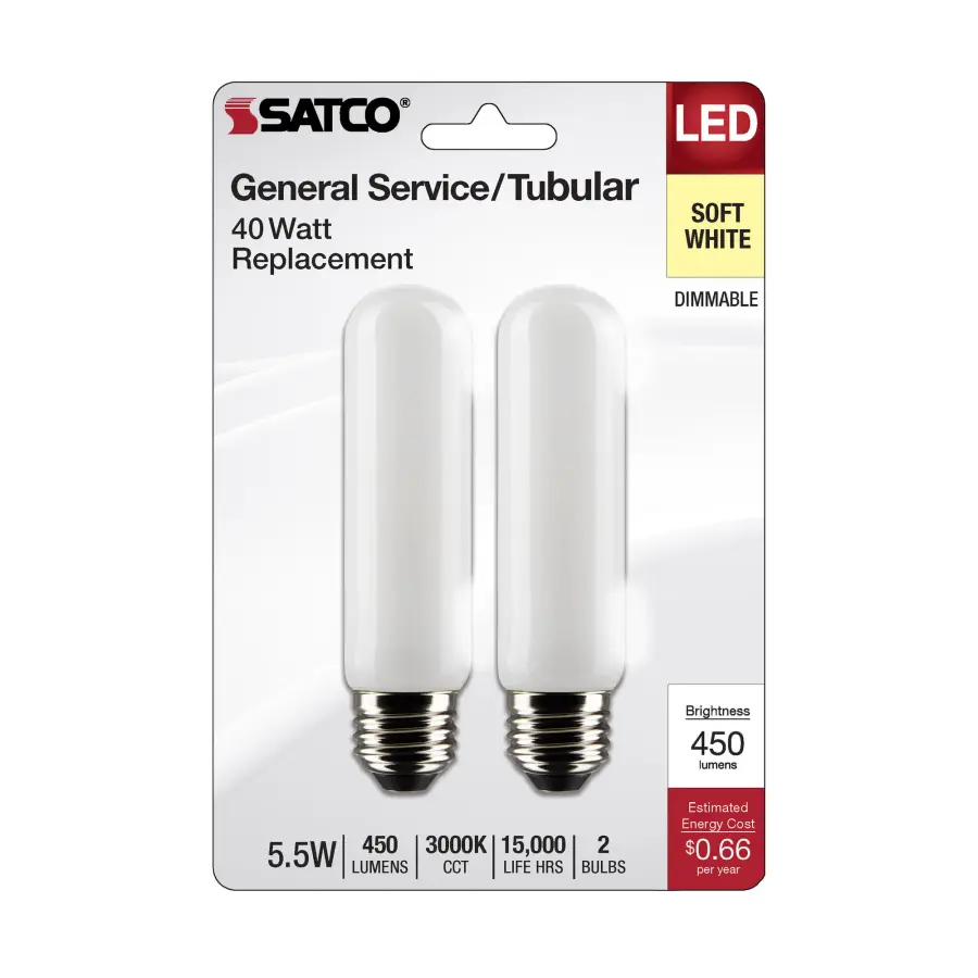 5.5 Watt T10 LED Filament - Frosted - Medium Base - 3000K - 450 Lumens - 120 Volt - 2-Pack - Image 4