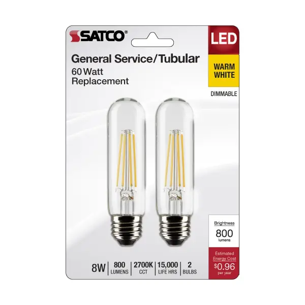 8 Watt T10 LED Filament - Clear - Medium Base - 2700K - 800 Lumens - 120 Volt - 2-Pack - Image 4