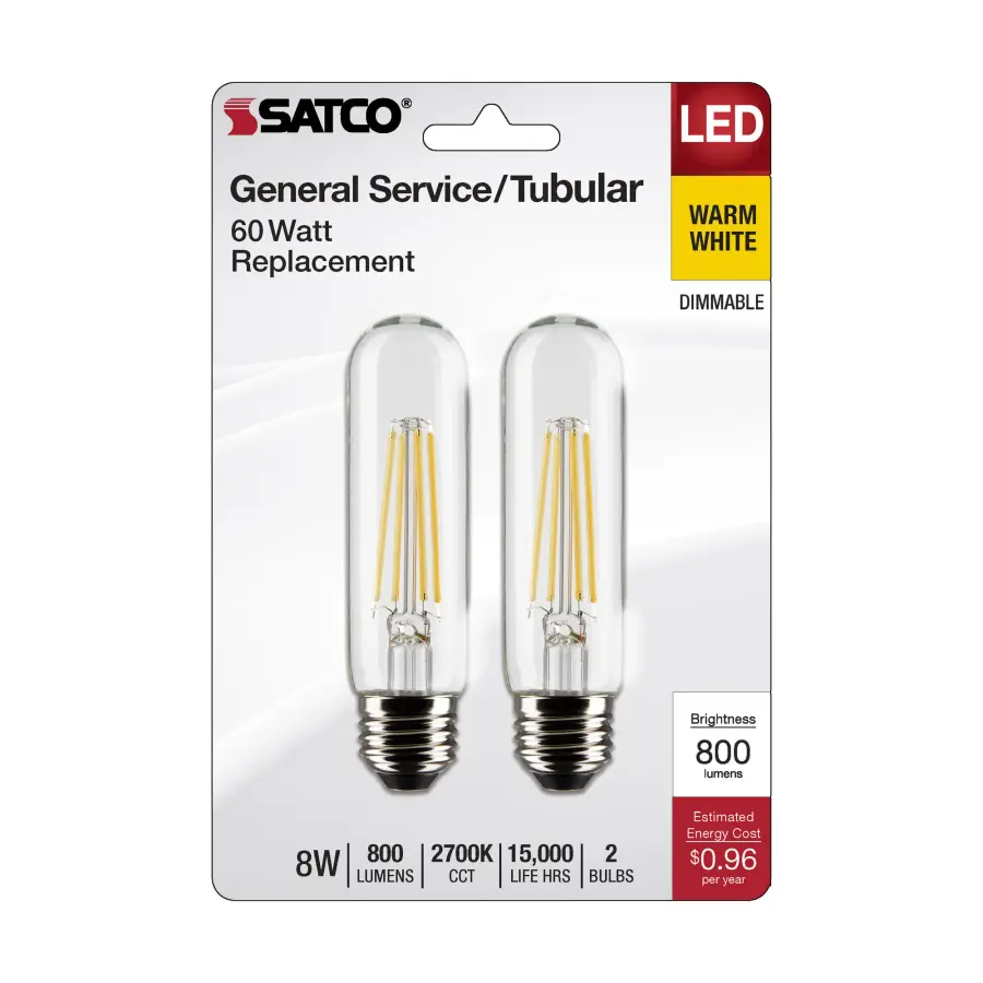 8 Watt T10 LED Filament - Clear - Medium Base - 2700K - 800 Lumens - 120 Volt - 2-Pack - Image 4