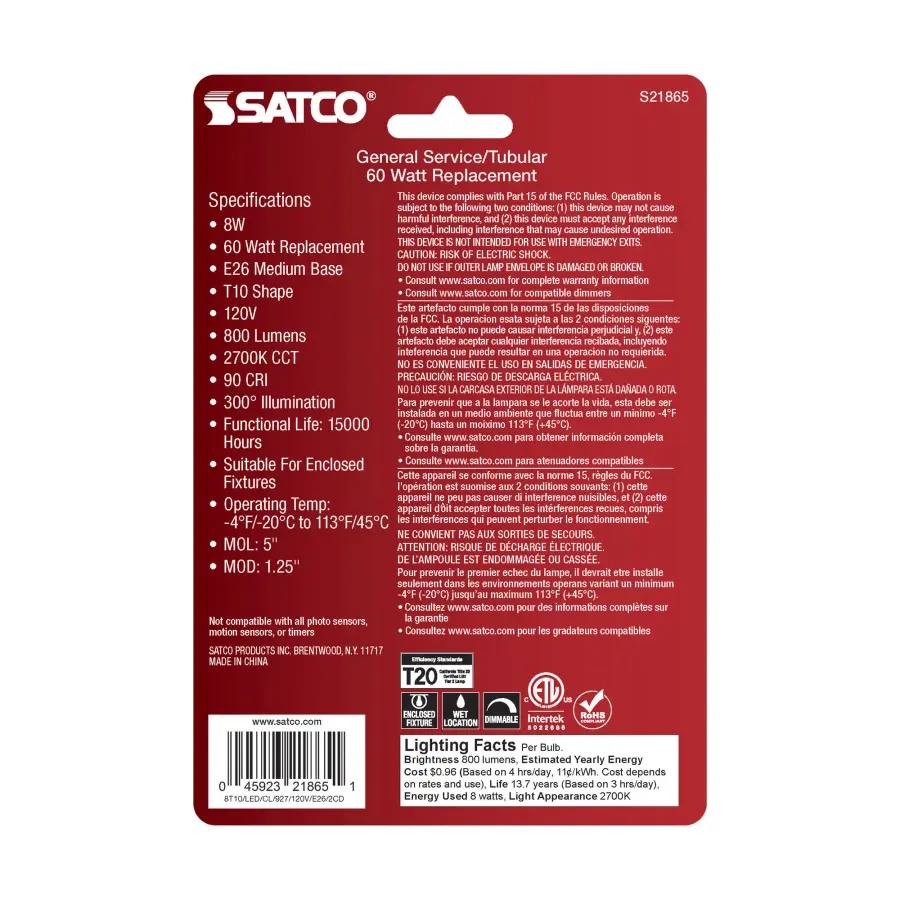 8 Watt T10 LED Filament - Clear - Medium Base - 2700K - 800 Lumens - 120 Volt - 2-Pack - Image 5