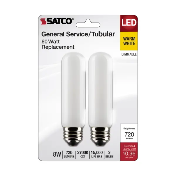 8 Watt T10 LED Filament - Frosted - Medium Base - 2700K - 720 Lumens - 120 Volt - 2-Pack - Image 4