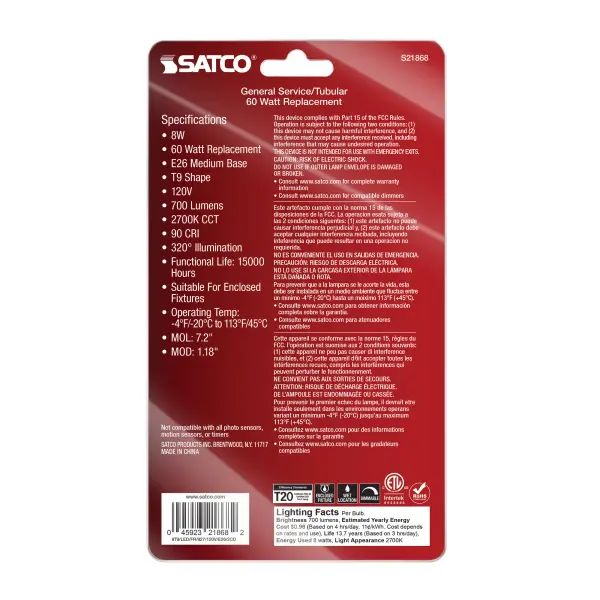 8 Watt T9 LED Filament - Frosted - Medium Base - 2700K - 700 Lumens - 120 Volt - 2-Pack - Image 5