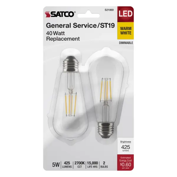 5 Watt ST19 LED Filament - Clear - Medium Base - 2700K - 425 Lumens - 2-Pack - Image 4