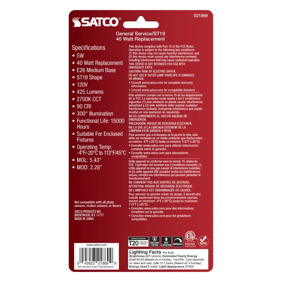 5 Watt ST19 LED Filament - Clear - Medium Base - 2700K - 425 Lumens - 2-Pack - Image 5