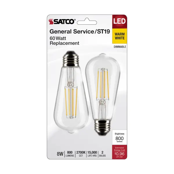 8 Watt ST19 LED Filament - Clear: Medium Base - 2700K - 800 Lumens - 2-Pack - Image 4
