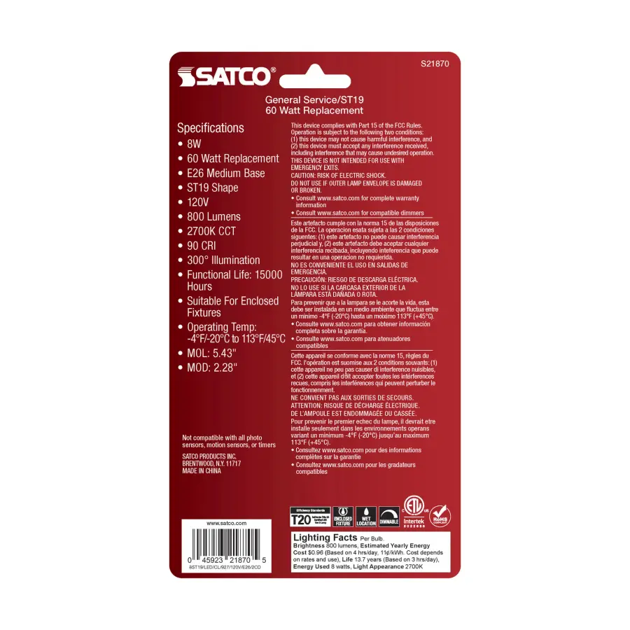 8 Watt ST19 LED Filament - Clear: Medium Base - 2700K - 800 Lumens - 2-Pack - Image 5