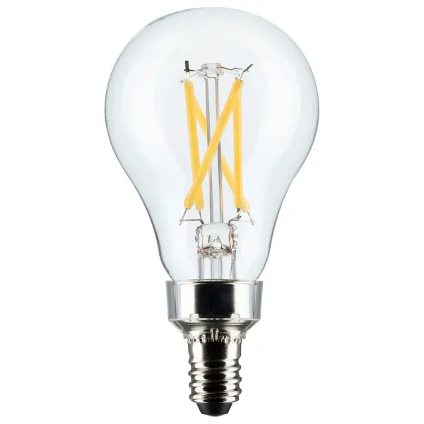 Satco's 5.5-watt, A15 LED bulb with a candelabra base is dimmable and offers warm white light with a 300 degree beam spread. Wet rated for use in kitchens and bathrooms, the carded 2-pack is suitable for retail display. Elegant and long-lasting, this clear bulb delivers 15,000 hours of exceptional illumination.