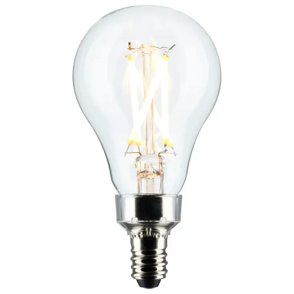 Satco's 5.5-watt, A15 LED bulb with a candelabra base is dimmable and offers warm white light with a 300 degree beam spread. Wet rated for use in kitchens and bathrooms, the carded 2-pack is suitable for retail display. Elegant and long-lasting, this clear bulb delivers 15,000 hours of exceptional illumination. - alternate view