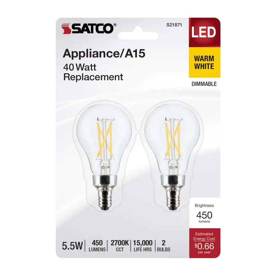 5.5 Watt A15 LED Filament - Clear - Candelabra Base - 2700K - 450 Lumens - 2-Pack - Image 4