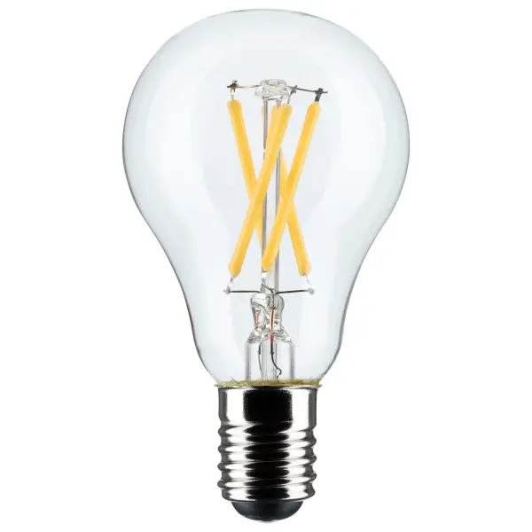 Satco's S21872 5.5-watt, A15 LED bulb with an intermediate base is dimmable and offers warm white light with a 300 degree beam spread. Wet rated for use in kitchens and bathrooms, the carded 2-pack is suitable for retail display. Elegant and long-lasting, this clear bulb delivers 15,000 hours of exceptional illumination.