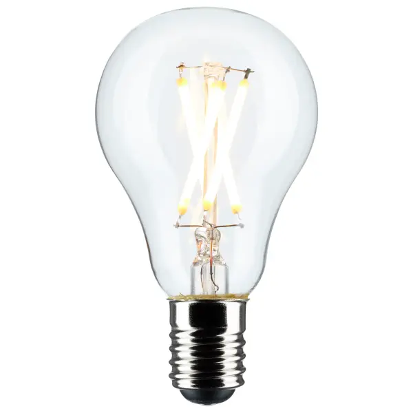 Satco's S21872 5.5-watt, A15 LED bulb with an intermediate base is dimmable and offers warm white light with a 300 degree beam spread. Wet rated for use in kitchens and bathrooms, the carded 2-pack is suitable for retail display. Elegant and long-lasting, this clear bulb delivers 15,000 hours of exceptional illumination. - alternate view