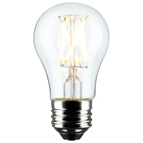 Satco's 5.5-watt clear, A15 bulb with a medium base is dimmable and offers warm white light and a 300 degree beam spread. The carded packaging is suitable for retail display. Elegant and long-lasting, this clear bulb delivers 15,000 hours of exceptional illumination. - alternate view