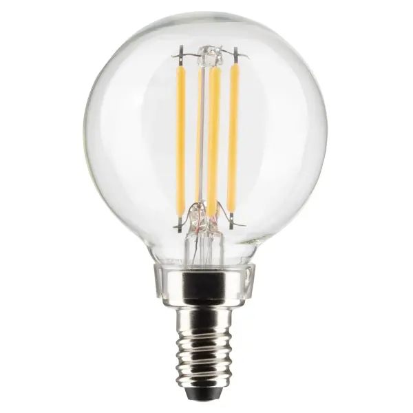 SATCO NUVO'S 4-watt clear, LED G16.5 bulb with a candelabra base is dimmable and offers 5000K natural light. Wet rated for indoor and outdoor applications, the carded 2-pack is suitable for retail display. Elegant and long-lasting, this clear bulb delivers 15,000 hours of exceptional illumination.