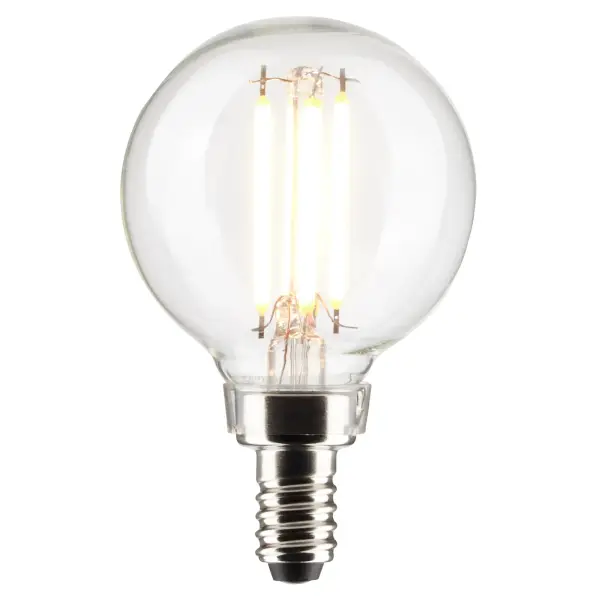 SATCO NUVO'S 4-watt clear, LED G16.5 bulb with a candelabra base is dimmable and offers 5000K natural light. Wet rated for indoor and outdoor applications, the carded 2-pack is suitable for retail display. Elegant and long-lasting, this clear bulb delivers 15,000 hours of exceptional illumination. - alternate view