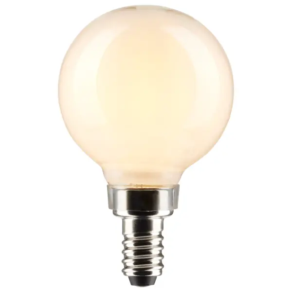 SATCO NUVO's 4.5-watt white, LED G16.5 bulb with a candelabra base is dimmable and offers 5000K natural light. Wet rated for indoor and outdoor applications, the carded 2-pack is suitable for retail display. Elegant and long-lasting, this clear bulb delivers 15,000 hours of exceptional illumination. - alternate view