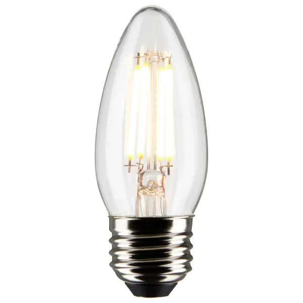 SATCO NUVO's 5.5-watt clear, LED B11 bulb with a medium base is dimmable and offers 5000K natural light. Wet rated for indoor and outdoor applications, the carded 2-pack is suitable for retail display. Elegant and long-lasting, this clear bulb delivers 15,000 hours of exceptional illumination. - alternate view